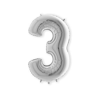 Folieballon cijfer '3' zilver (100cm)