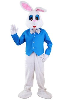 Mascotte paashaas met masker wit en blauw jasje